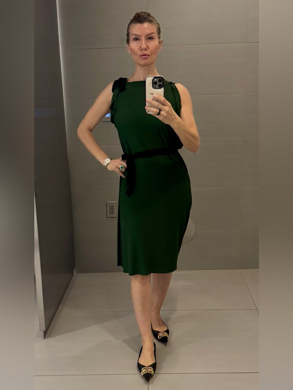 Very Regal Roland Mouret Dark Green Midi Dress with Shoulder Tie XS EUC